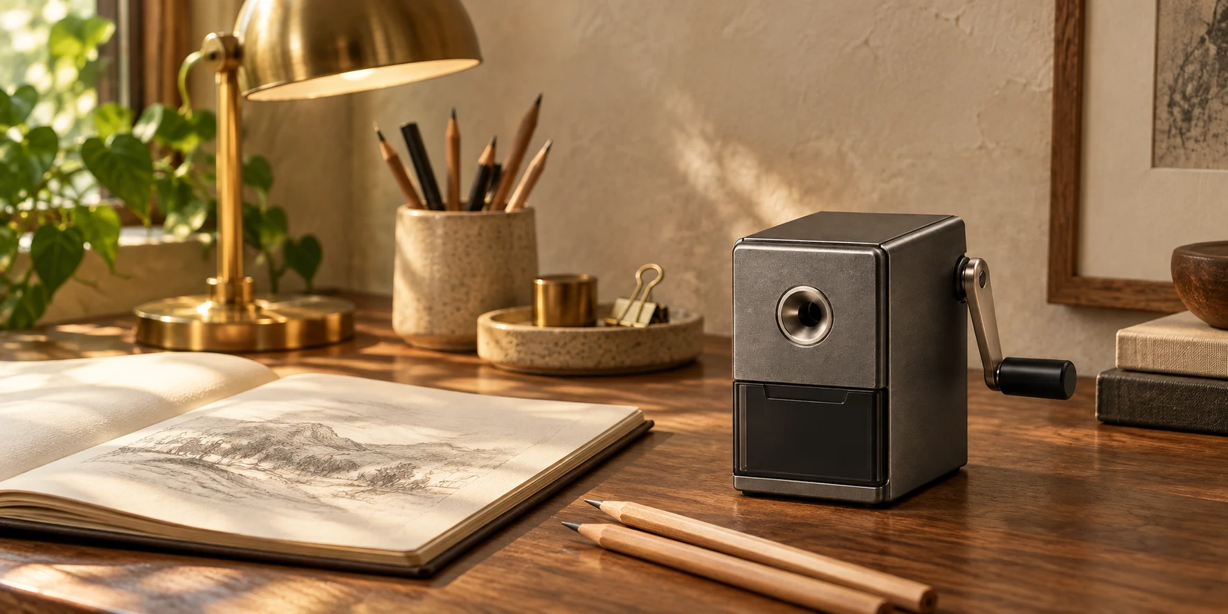 A warm drawing desk with a manual sharpener, pencils and paper